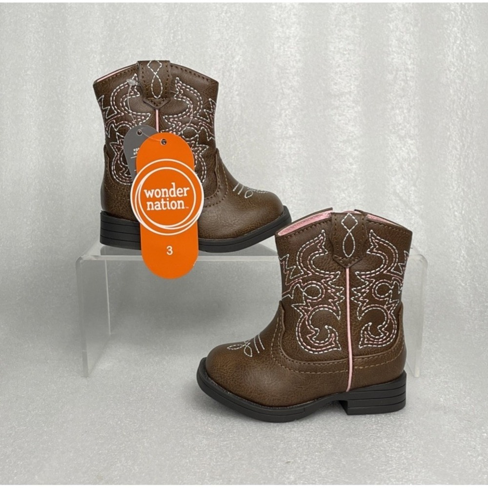 Wonder Nation Brown Zip up Square Toe Cowboy Cowgirl Boots Baby Girls Size 3